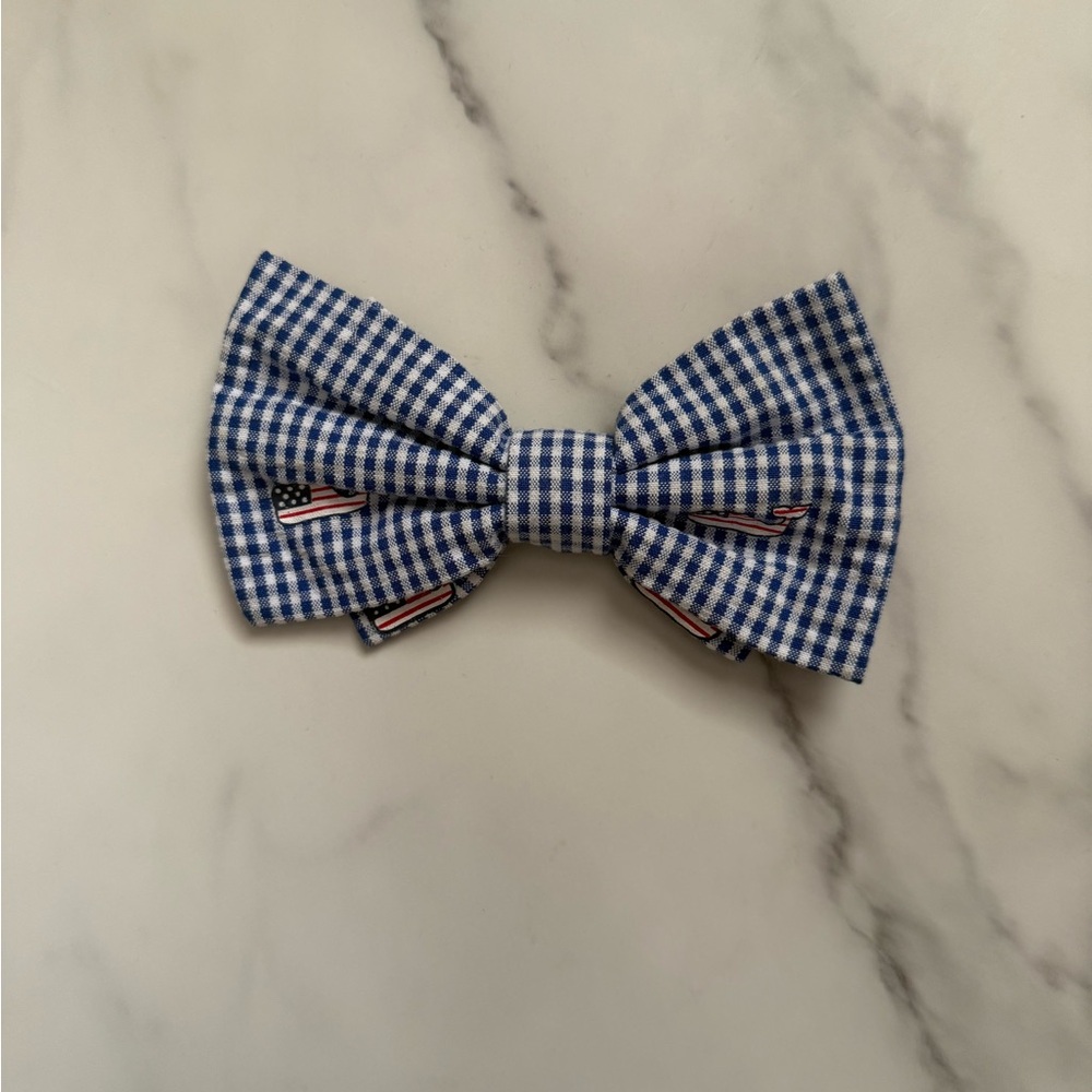 Vineyard Vines- Blue Checkered Dog Bow Tie with American Flag whales on it.